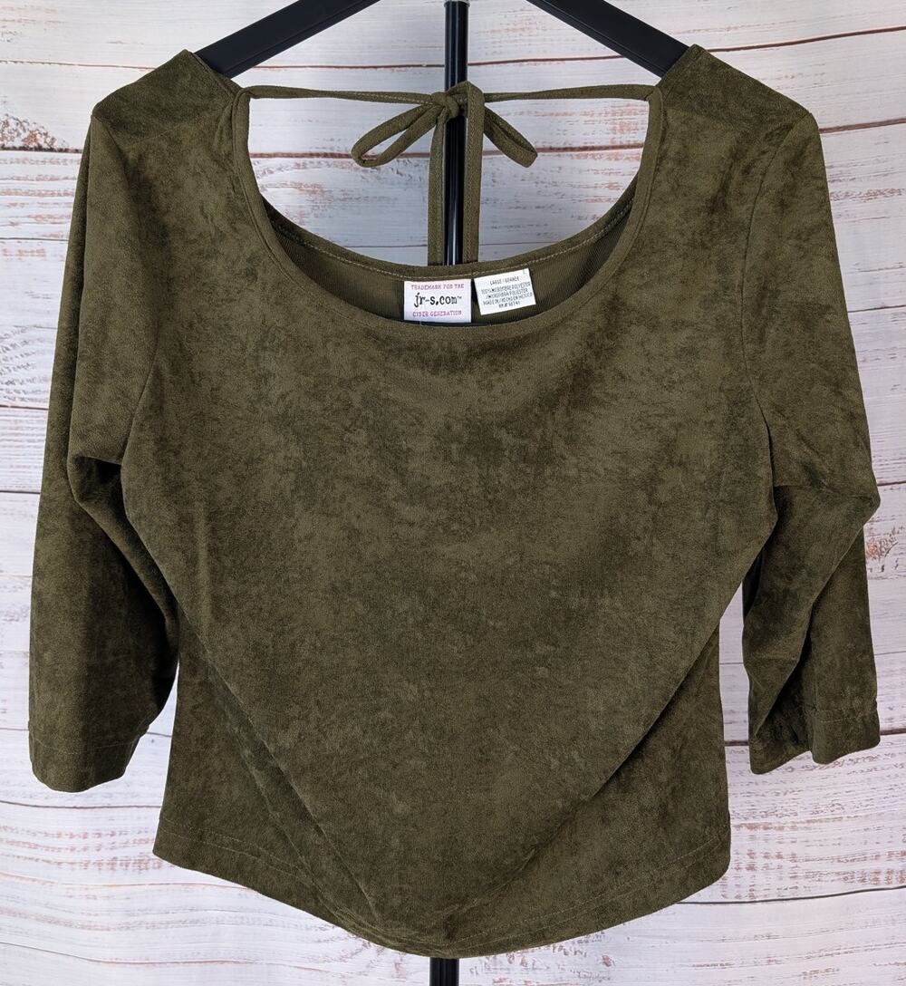 Vintage Y2K Velvet Crop Top Large Olive Green Tie Back Cyber Goth Fairy Grunge